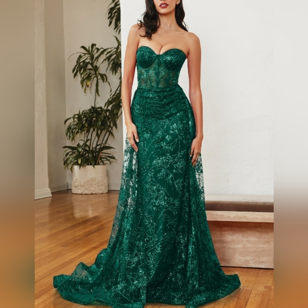 Emerald green,red,silver, strapless long fitted gown